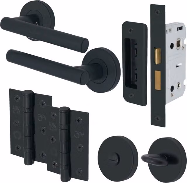 EAI Olbia Matt Black Bathroom Handle Kit with 80mm Lock and 76mm Hinges – 8