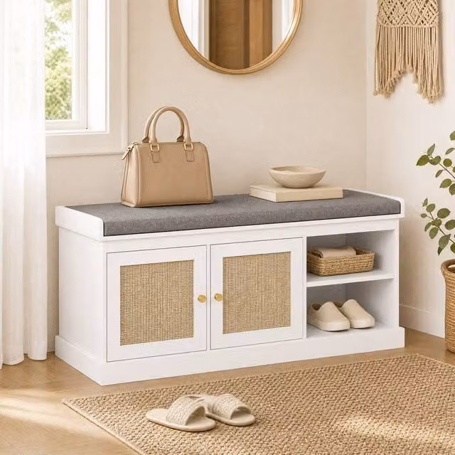 STILVORA Shoe Storage Bench with Rattan Doors and Fabric Cushion in White – 1