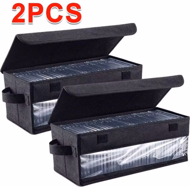 KORVIXA 2x Plastic DVD and CD Disc Storage Holders with Lids and Handles in Black and Transparent