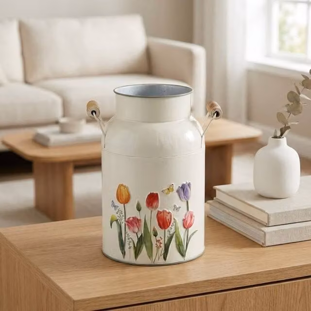 Garden Greatness Embossed Tulip Bud Vase in Beige or White Metal, H 20.5 cm x W 13 cm x D 13 cm