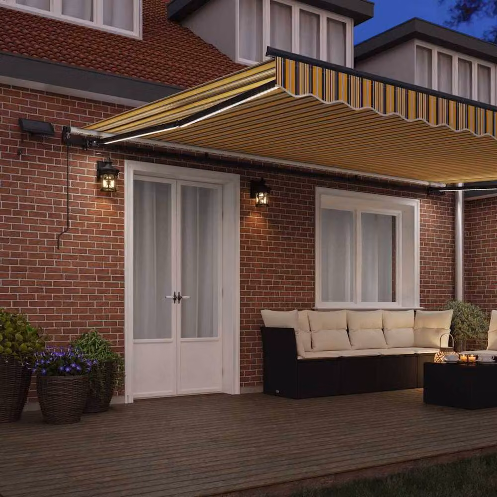 Berkfield Home Manual Retractable Wall-Mounted Awning with LED Multicolour Stripe in Yellow, Grey and White, W: 500 cm, D: 300 cm – 3