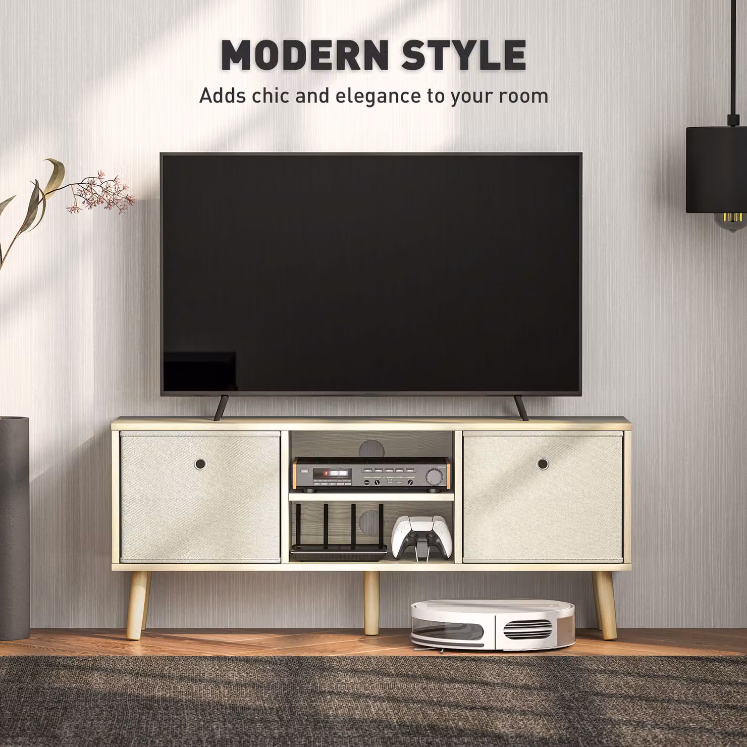 HOMCOM Natural and Beige TV Cabinet Stand Unit for TVs up to 50 inch with Foldable Drawers – 4