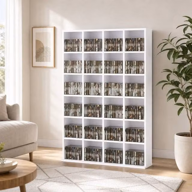STILVORA Media Storage Unit with Adjustable Shelves and Media Compartments in Matt White, W/D/H: 130.5 x 20.0 x 89.0 cm