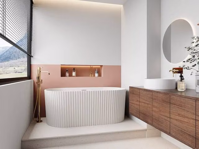 Vente-unique Ribbed Acrylic Oval Freestanding Bathtub in Matte White, W/D/H: 170 x 80 x 58 cm – 1