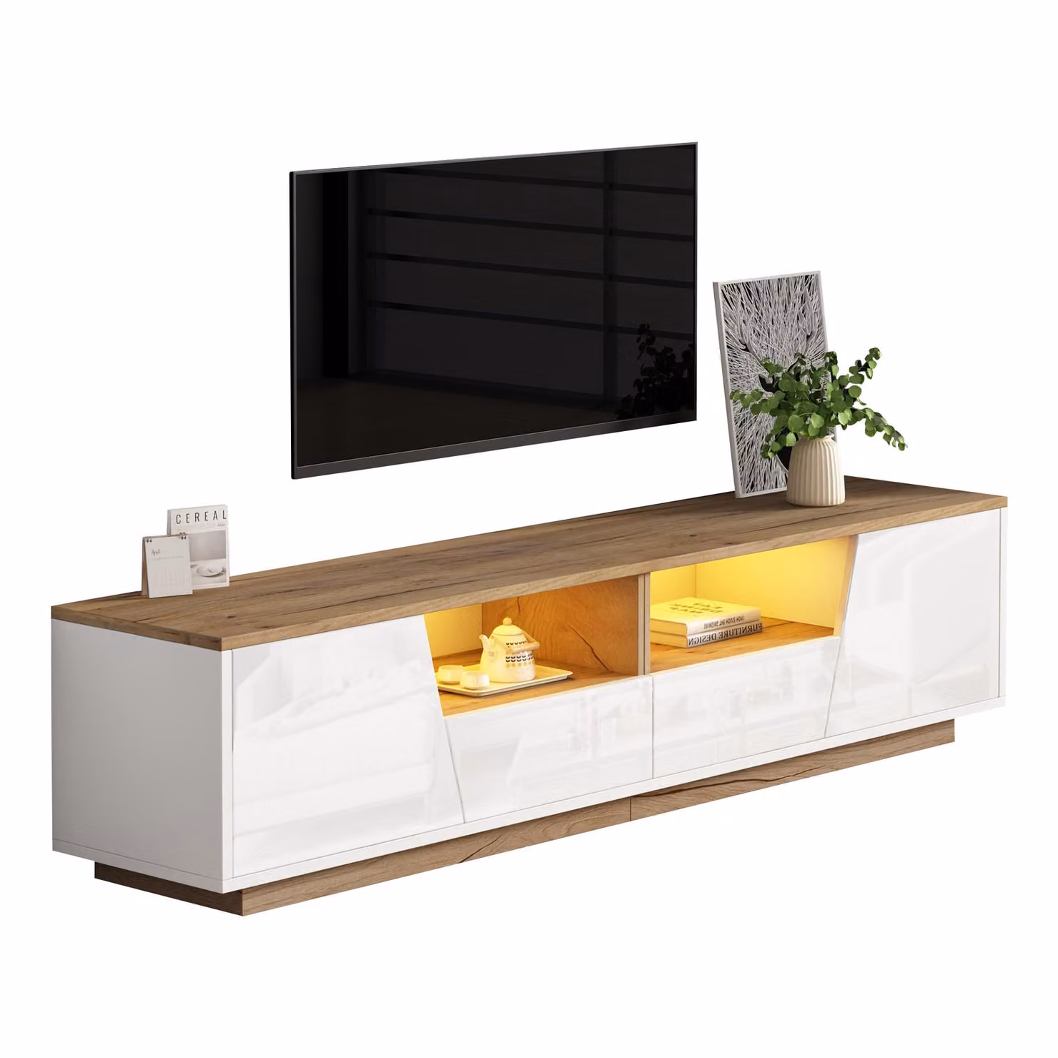 Aosom UK LED TV Stand with App-Controlled Ambient Lighting and Cable Management, White and Oak, W: 180 cm, D: 40 cm, H: 46 cm – 2