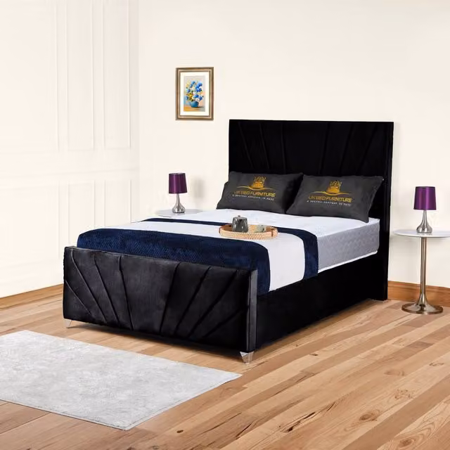 UK Bed Furniture Sunrise Black Velvet Upholstered Gas Lift Storage Bed with 48 inch Headboard, Size: 180 x 200 cm