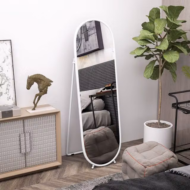 HOMCOM Modern Oval Full Length Mirror, White, Wall-Mount or Leaning