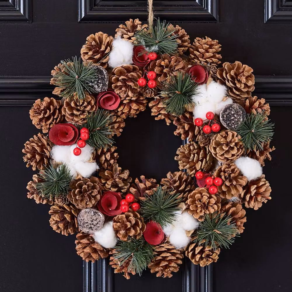 Dibor Red Christmas Wreath with Pinecones, Roses and Deer Hanger, Diameter: 36 cm – 2