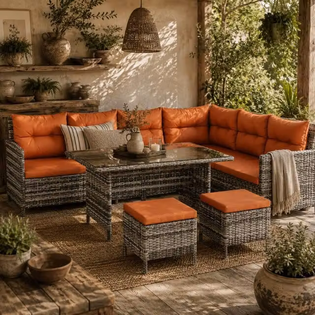 Wyld Haus Tasu 7 Seater Rattan Outdoor Corner Sofa Set with Orange and Grey Cushions – 1