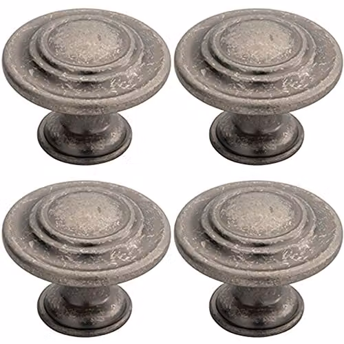 Loops 4 Pack Round Ringed Pattern Matt Pewter Cabinet Door Knobs, Diameter: 32 mm