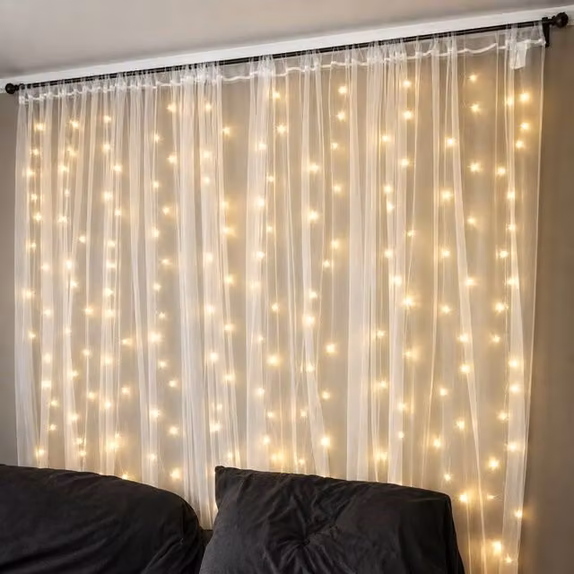 Marco Paul Warm White LED Curtain String Lights with 300 LEDs and Remote Control in Clear