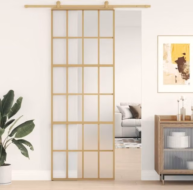 Berkfield Home Minimalist Sliding Door in Gold with Frosted ESG Glass and Aluminium, W: 76 cm, H: 205 cm