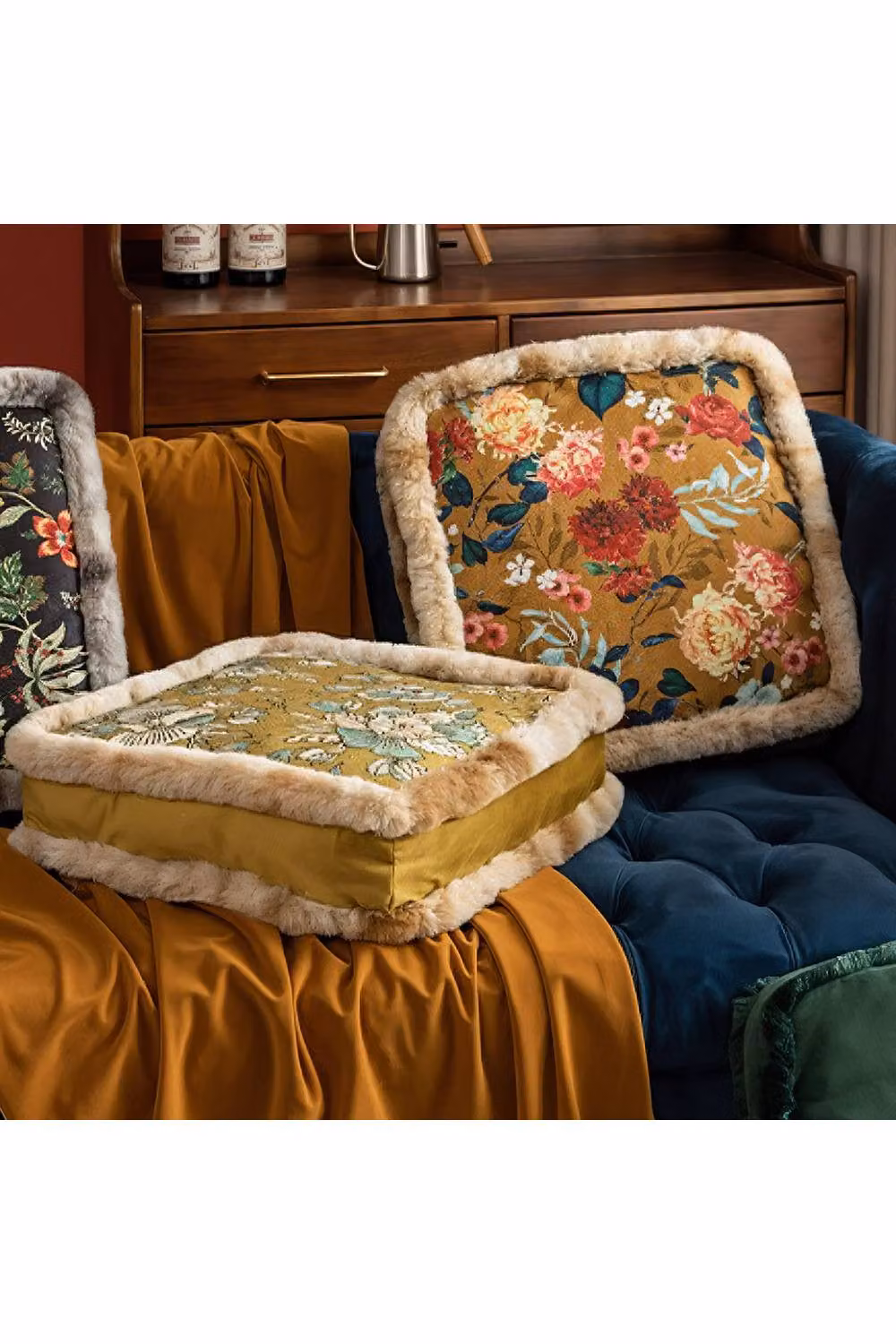 Living and Home Bohemian Floral Square Padded Cushion, Multicolour, W/D/H: 45 x 45 x 1 cm – 3