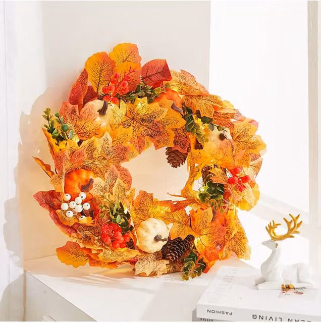 Living and Home 45cm Pre-Lit Autumn Wreath with White Pumpkin, Ginkgo and Maple Leaves in Orange, White, Red and Green