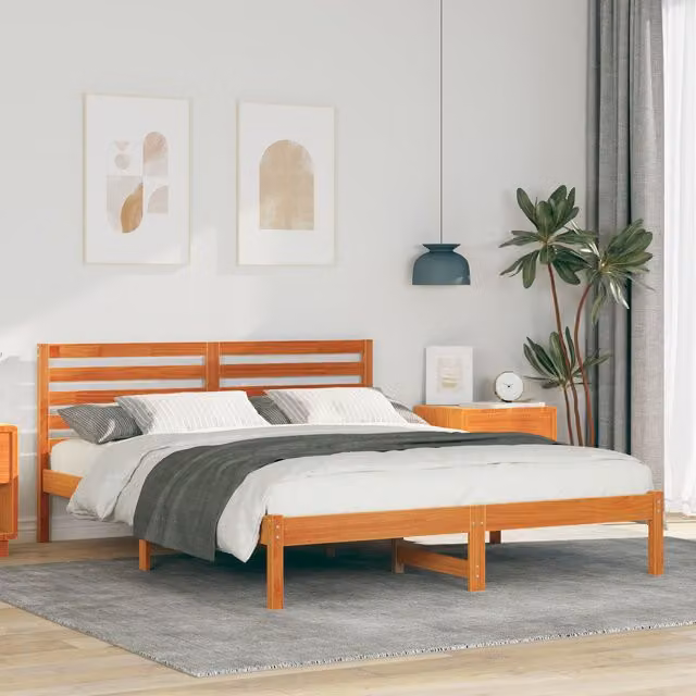 Berkfield Home Solid Pine Wood Bed with Headboard in Wax Brown, W/D/H: 150 x 200 cm – 1