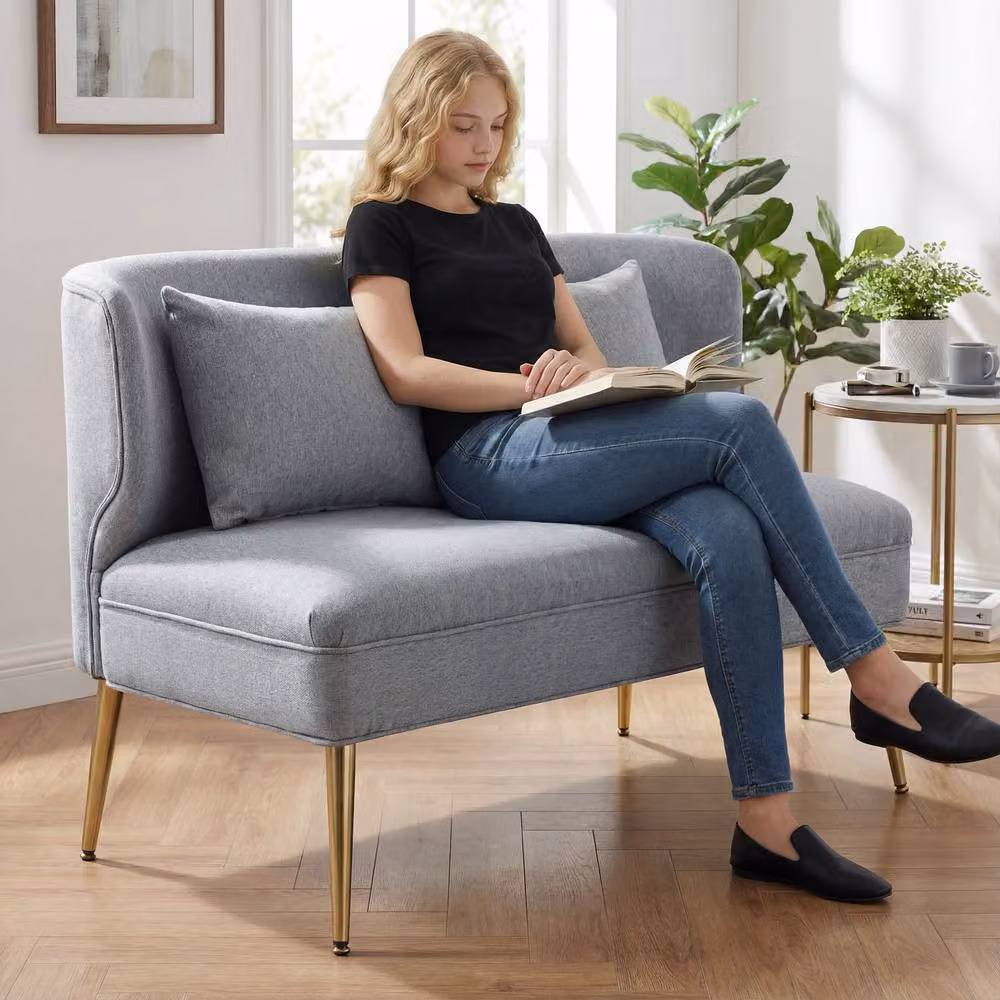 STILVORA 2 Seater Grey Fabric Wing-Back Sofa with Metal Legs and Scatter Cushions – 3