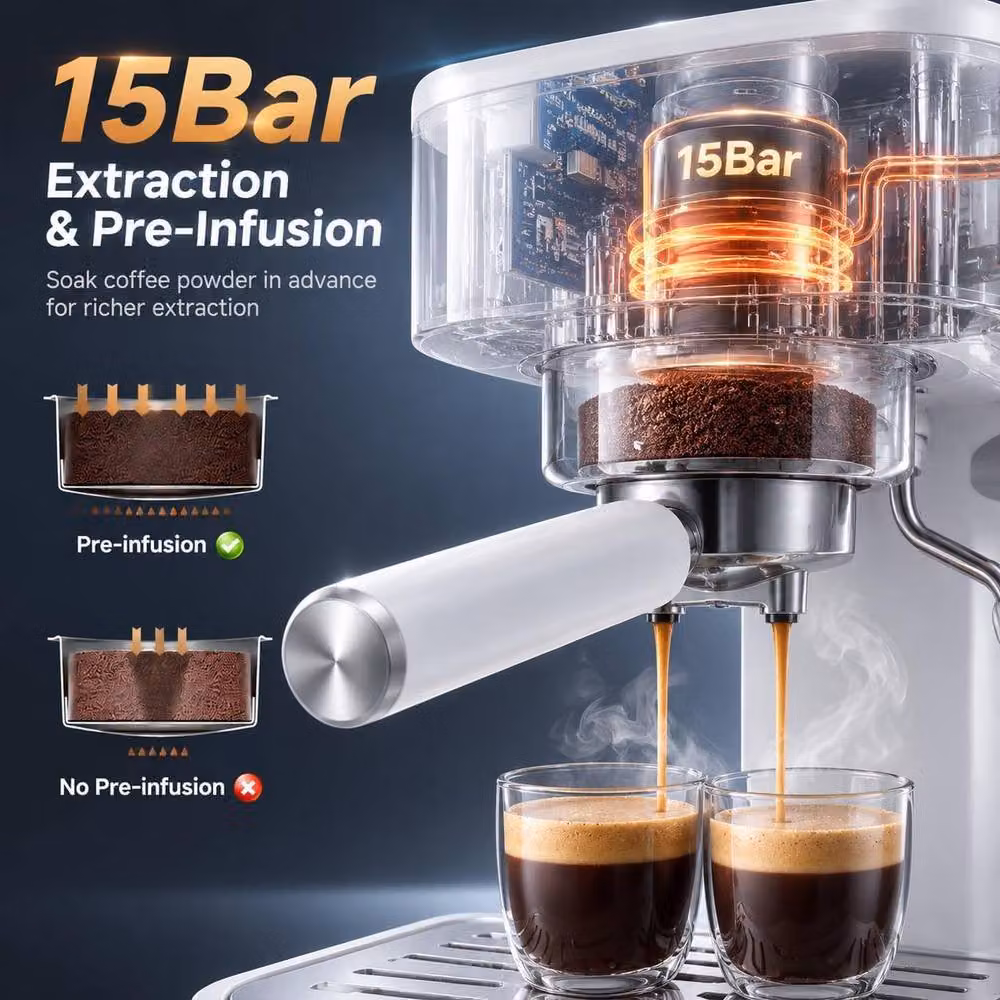 London Boutique 1500W 20 Bar Espresso Barista Coffee Machine with 1.25 l Removable Water Tank, White – 2
