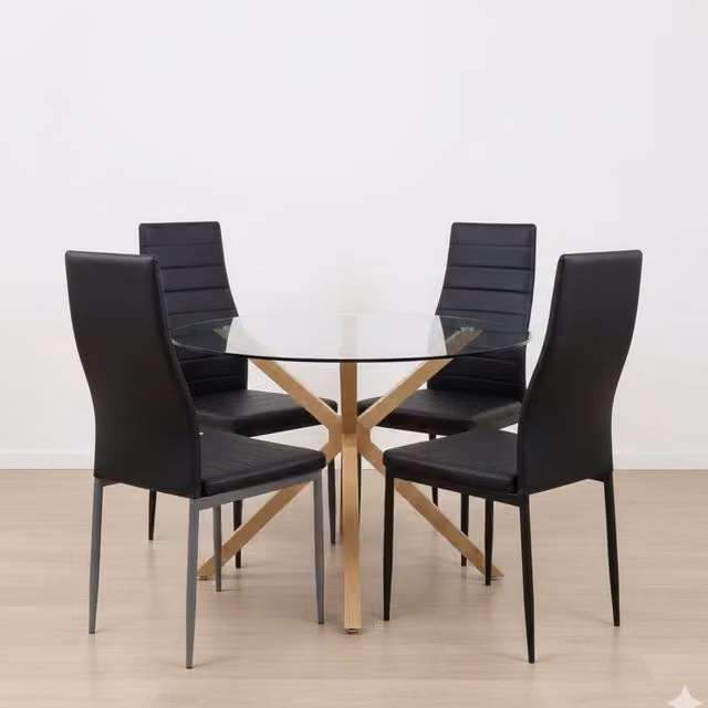Kosy Koala Round Glass Dining Table Set with 4 Black Faux Leather Chairs