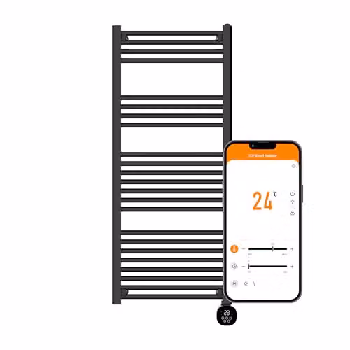 TCP Smart Black Ladder Style Towel Rail Radiator with WiFi and App Control, 1000W, W/H: 50.0 x 125.0 cm – 1