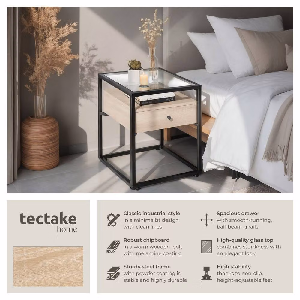 tectake Nightstand with Glass Surface and Drawer in Light Oak – 2