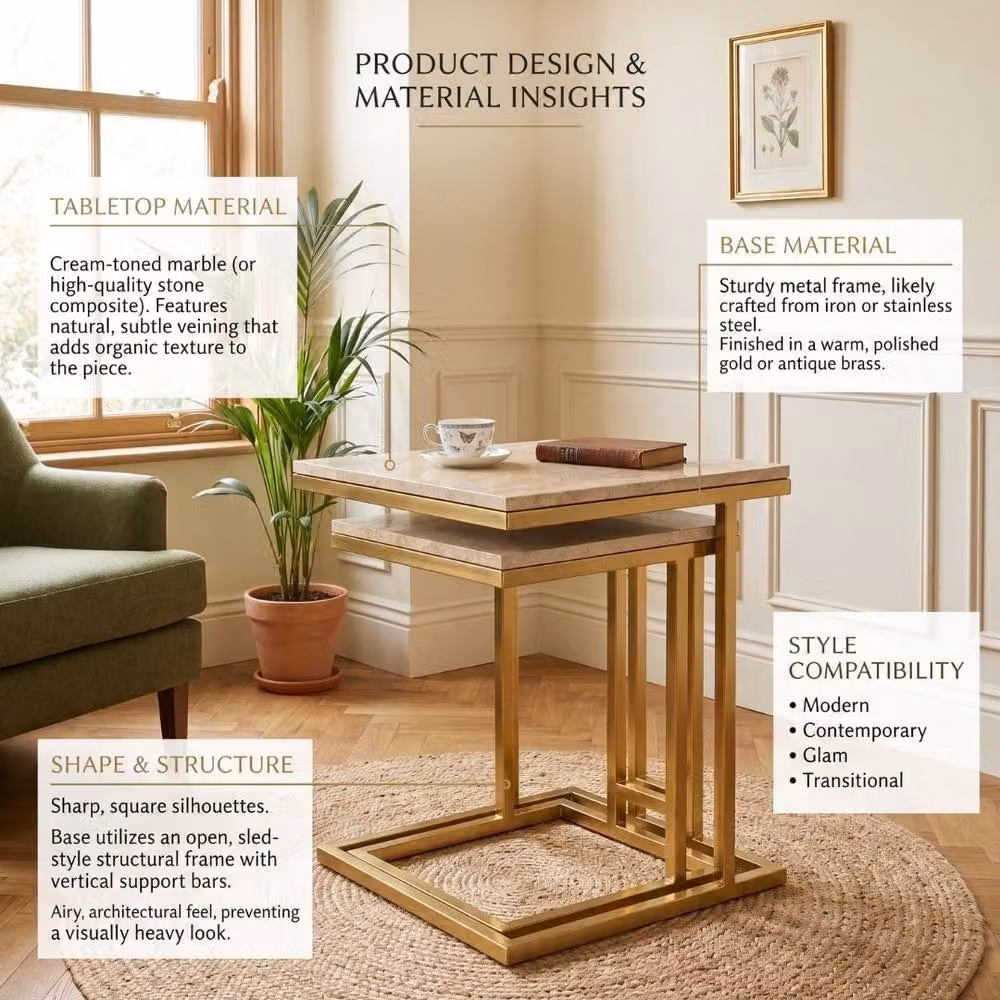 HOME LUXE INTERIOR Erice Gold Side Tables Set of 2 with Cream Marble Tops – 5