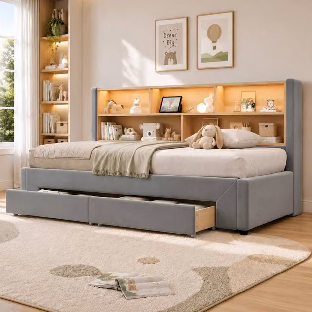 Matteo Extendable Grey Velvet Daybed with LED Lighting, USB Charging Port and Drawers, W/D/H: 190 x 90 x 42 cm