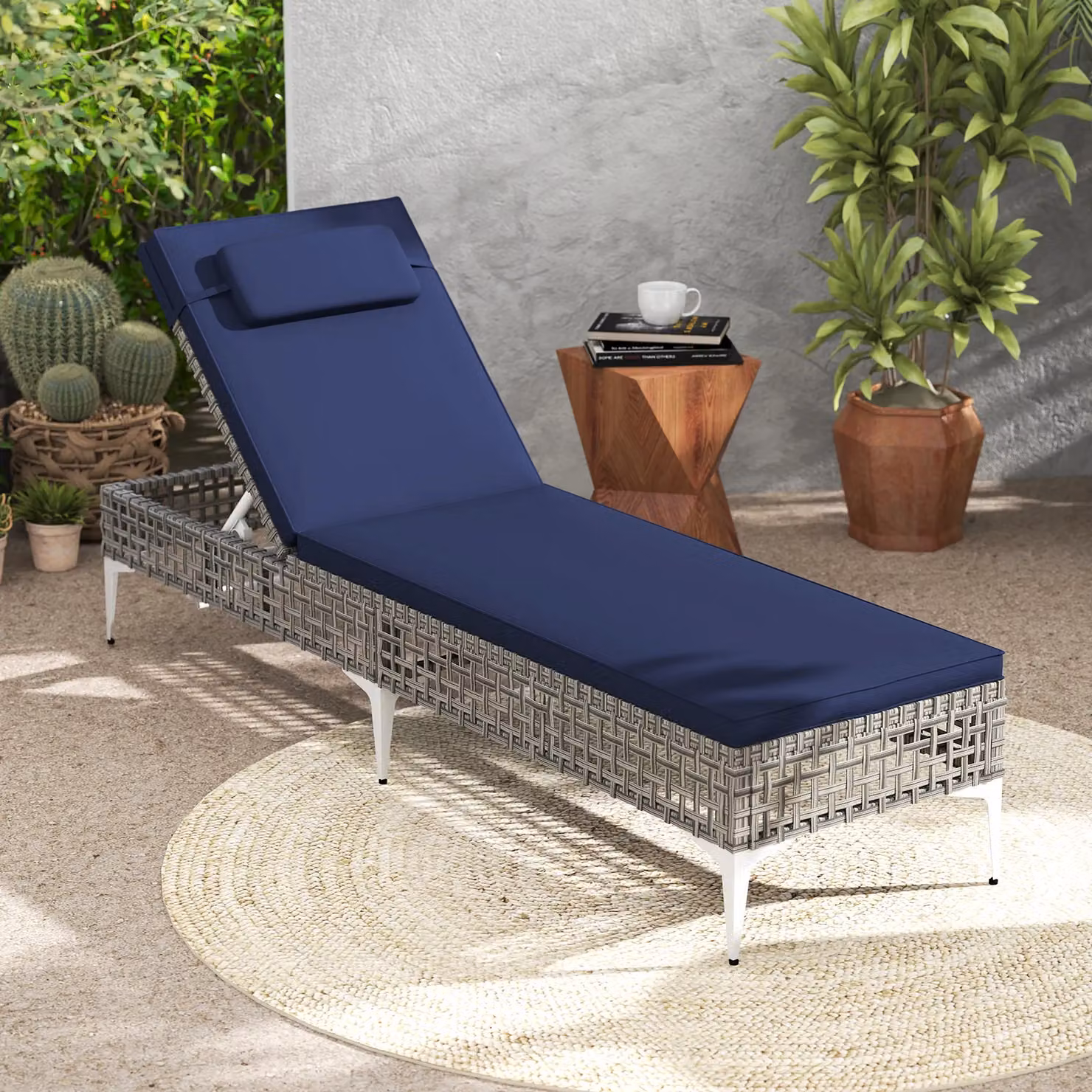 Costway Navy Blue Rattan Sun Lounger with 6-Level Adjustable Headrest – 3