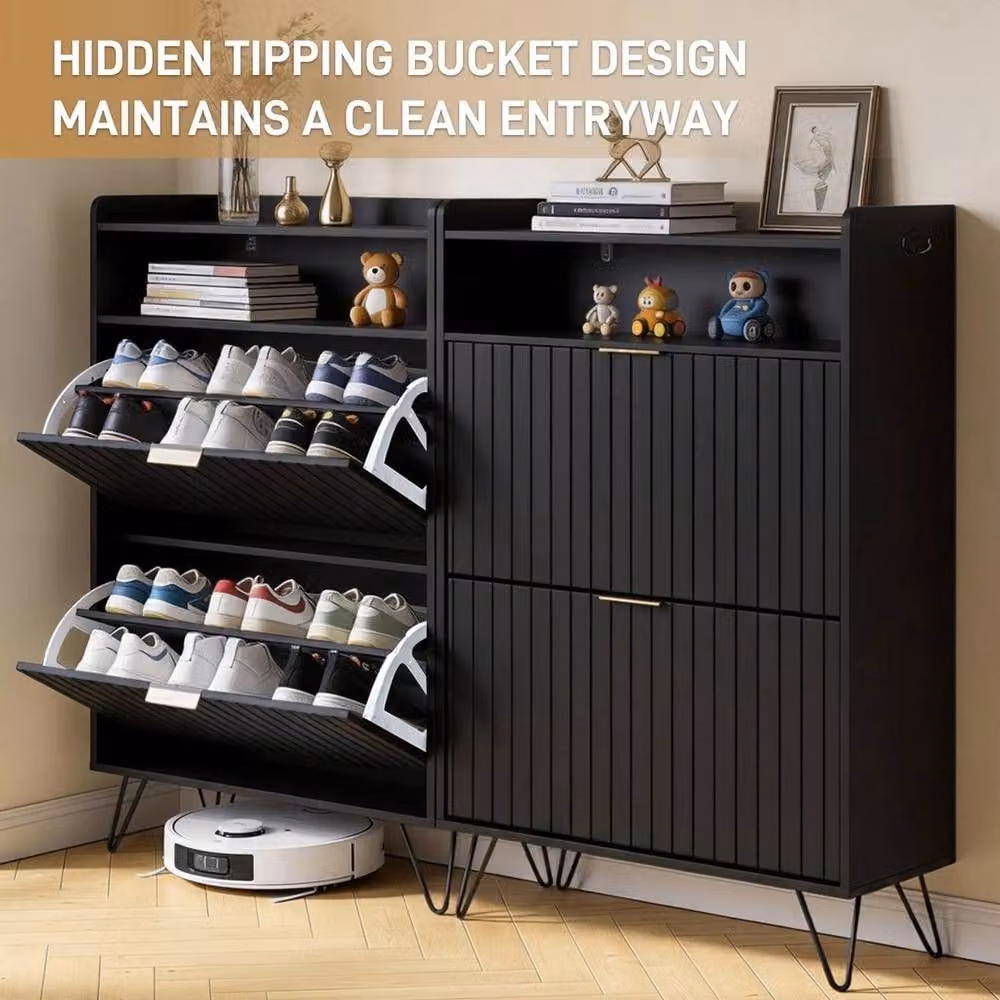 Kelvenix 2-Tier Mid-Century Wooden Shoe Cabinet in Black – 4