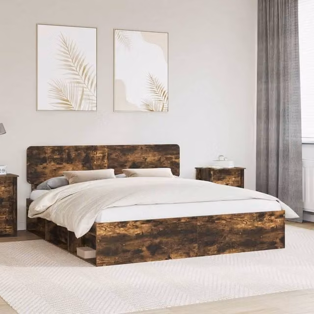 Berkfield Home Smoked Oak Bed Frame in Brown, Solid Pine and MDF Wood, W/D/H: 180 x 200 cm – 1