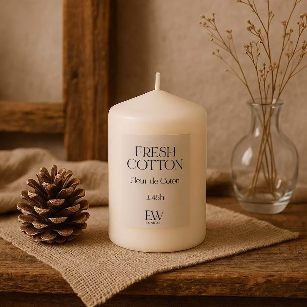 Marco Paul Fresh Scented Pillar Candle in White and Beige, 30 Hour Burn Time, H: 15 cm, W: 6.5 cm, D: 6.5 cm – 2