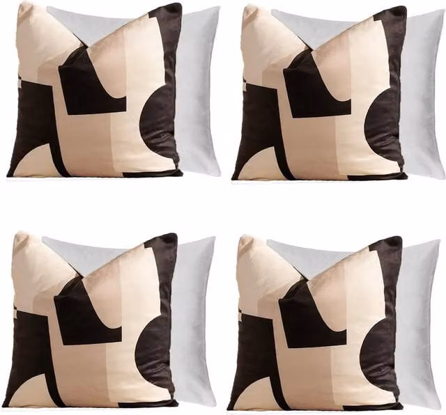 OHS Pack of 4 Abstract Velvet Square Cushions in Black and Beige