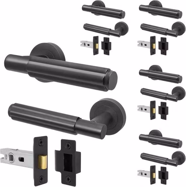 AFIT Matt Black Aluminium Door Handle and Latch Set, 5 Pack, W/D/H: 15 x 15 x 1.5 cm