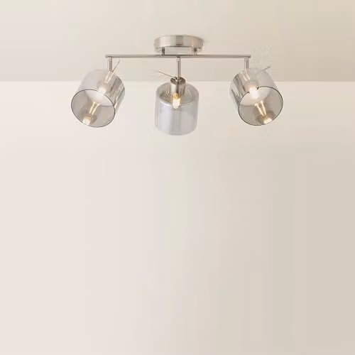ValueLights Demi 3-Way Bar Ceiling Spotlight with Smoked Glass and Bulbs in Brushed Chrome and Silver