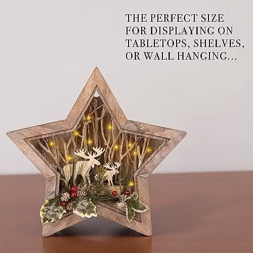Shatchi Rustic Wooden Christmas Reindeer Star Scene Tabletop Centrepiece in Brown, W: 38 cm, D: 6 cm, H: 38 cm – 5