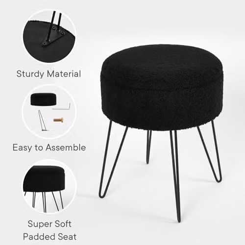 OHS Black Boucle Fabric Round Footstool with Storage and Hairpin Legs, W/D/H: 37 x 37 x 45 cm – 5