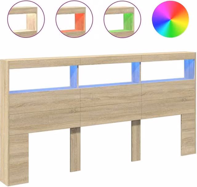Berkfield Home Modern Headboard Cabinet with LED Lighting and USB Charging Port in Light Oak, W/D/H: 200 x 17 x 102 cm – 1