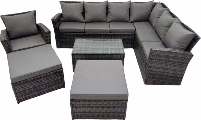 Fimous 9 Seater L-Shape Garden Sofa Set in Dark Grey with Coffee Table, Armchair and 2 Footstools