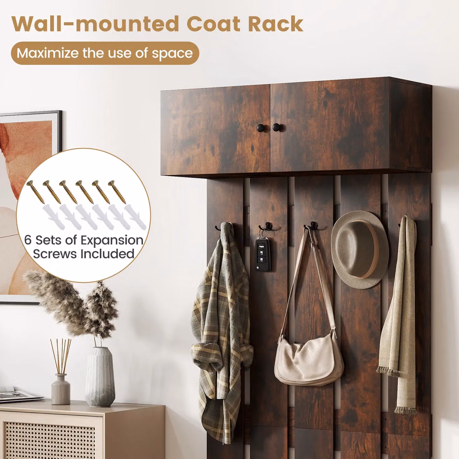 Gymax Wall Mounted Entryway Coat Rack in Brown Rubberwood with Metal Hooks – 4