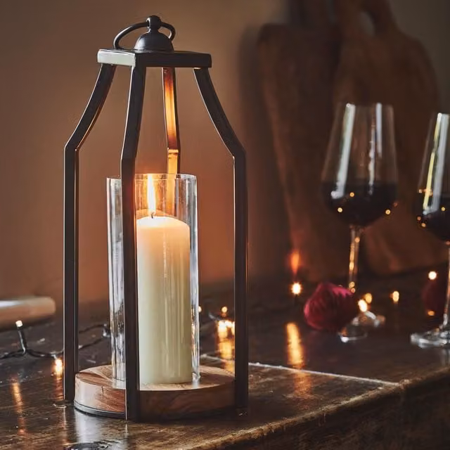 Ivyline Felicity Circular Base Lantern in Black Acacia Wood and Metal, H30 x W14 cm