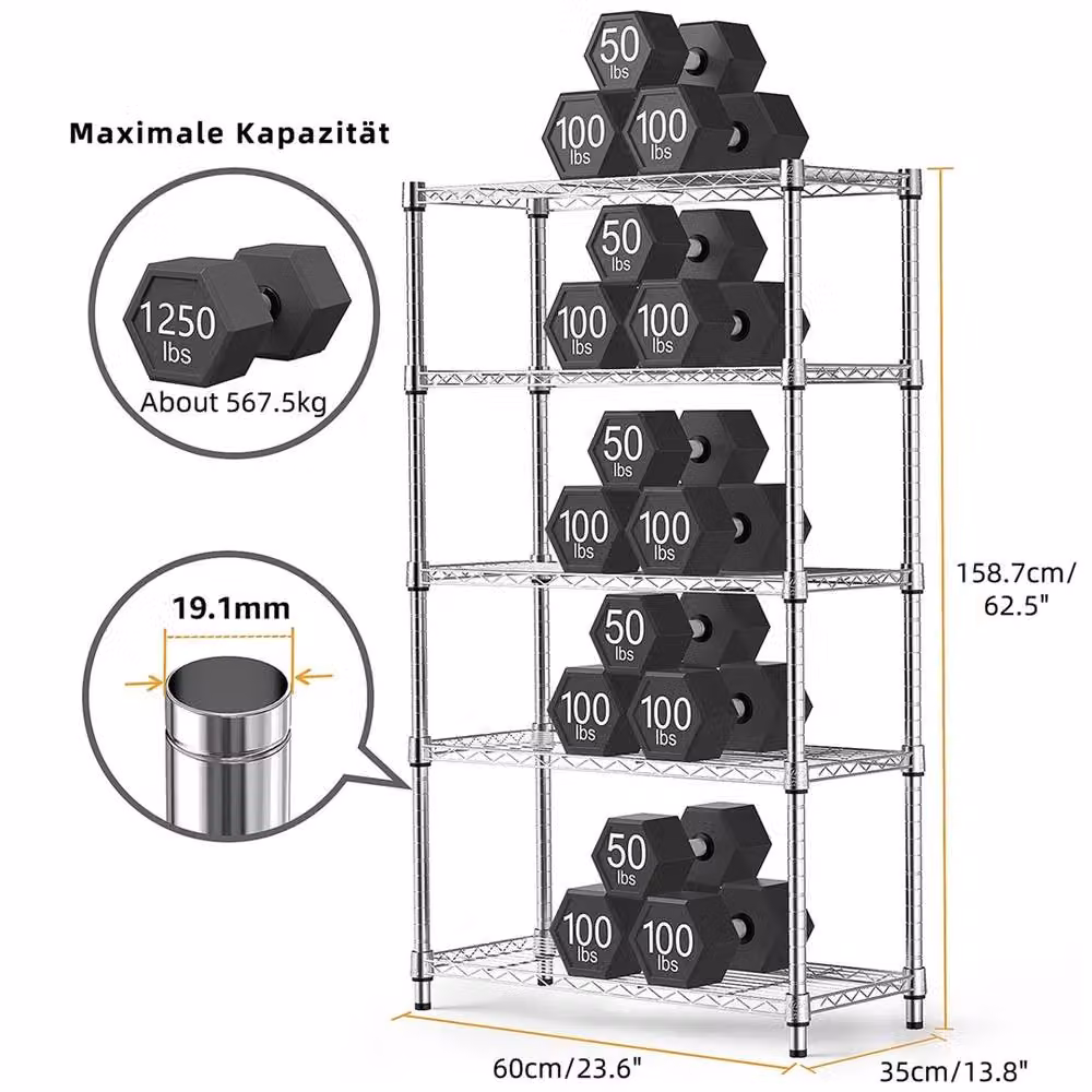 Havendro 5 Tier Adjustable Heavy Duty Metal Wire Shelving Unit, Silver, H 160.02 x W 60.96 x D 60.96 cm – 2