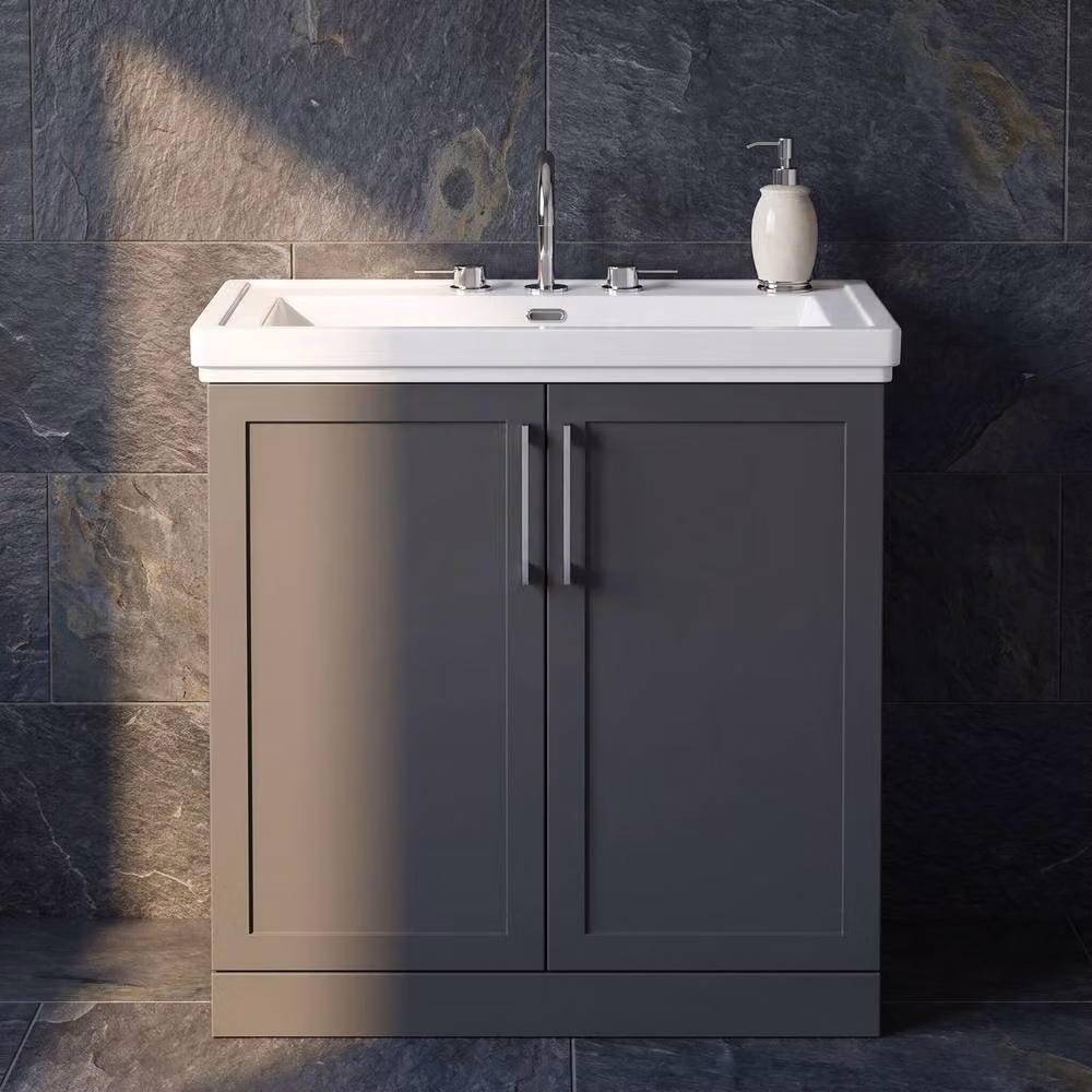 Balterley Stonnall 2 Door Dark Grey Matt Vanity Unit and 3TH Fireclay Basin, Width: 80 cm – 3
