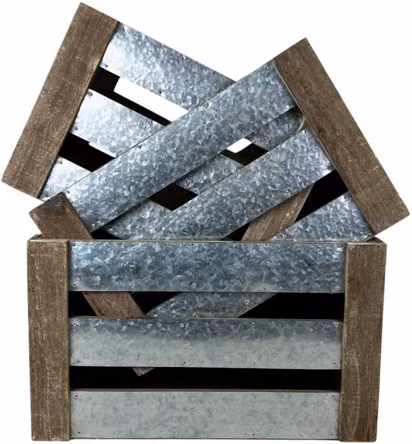 Four Candle Set of 3 Stackable Slatted Wood and Metal Storage Crates in Grey