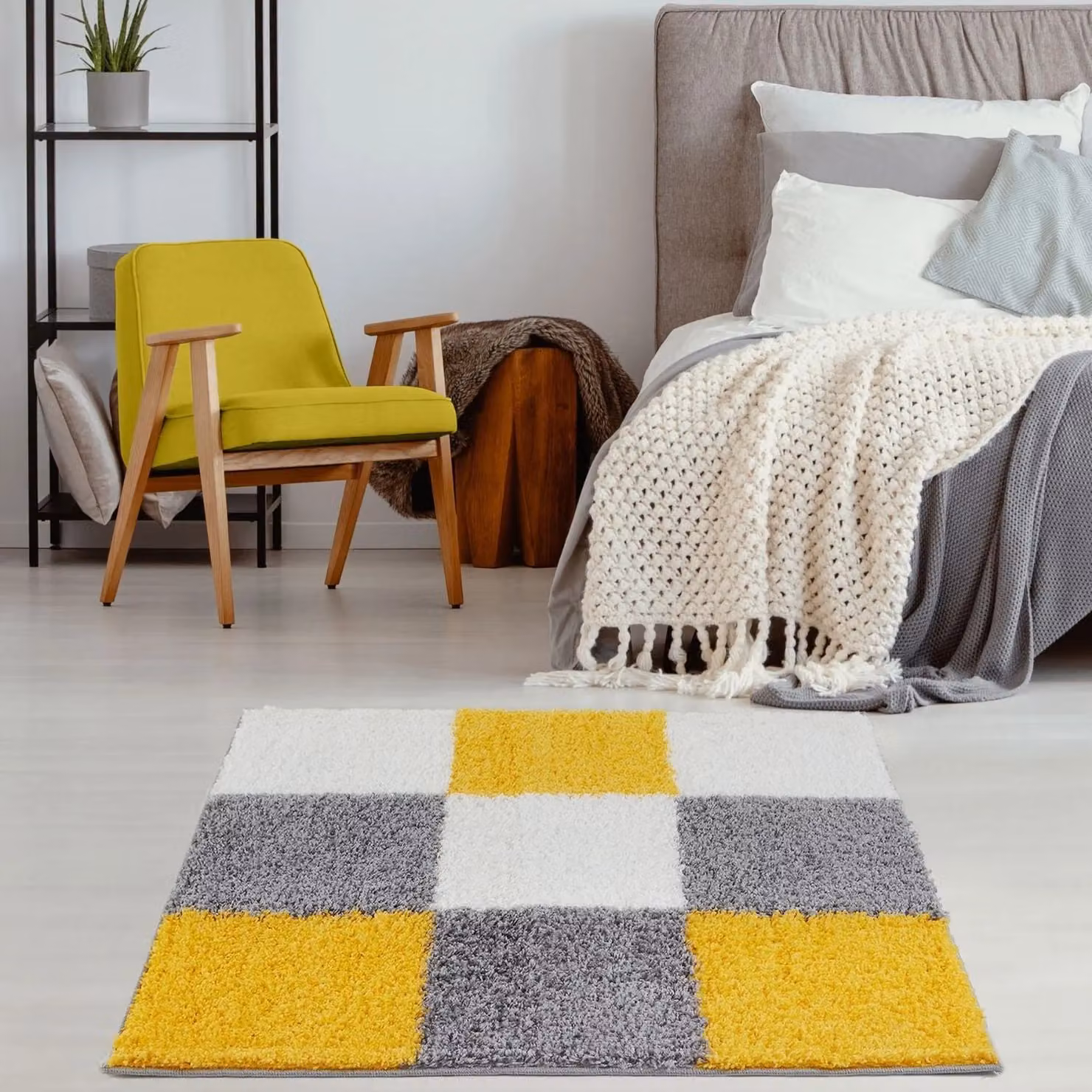 THE RUGS Modern Checked High Pile Shaggy Area Rug in Yellow and Grey, W/D/H: 140 x 200 cm – 8