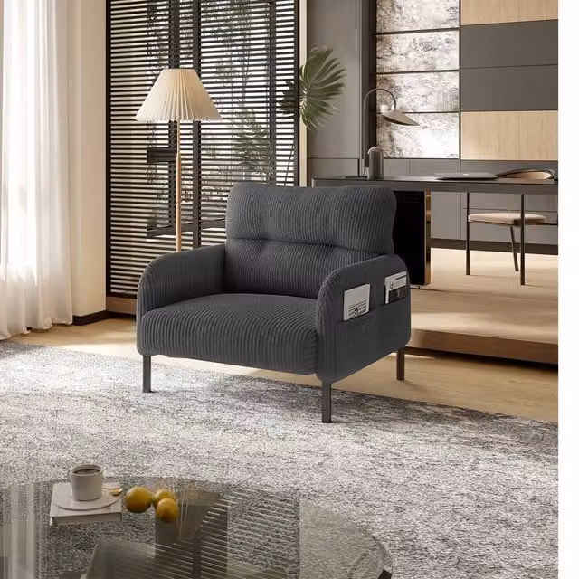 Direct Wicker Grey Corduroy Single Armchair with Wide Seat and Solid Wood Frame