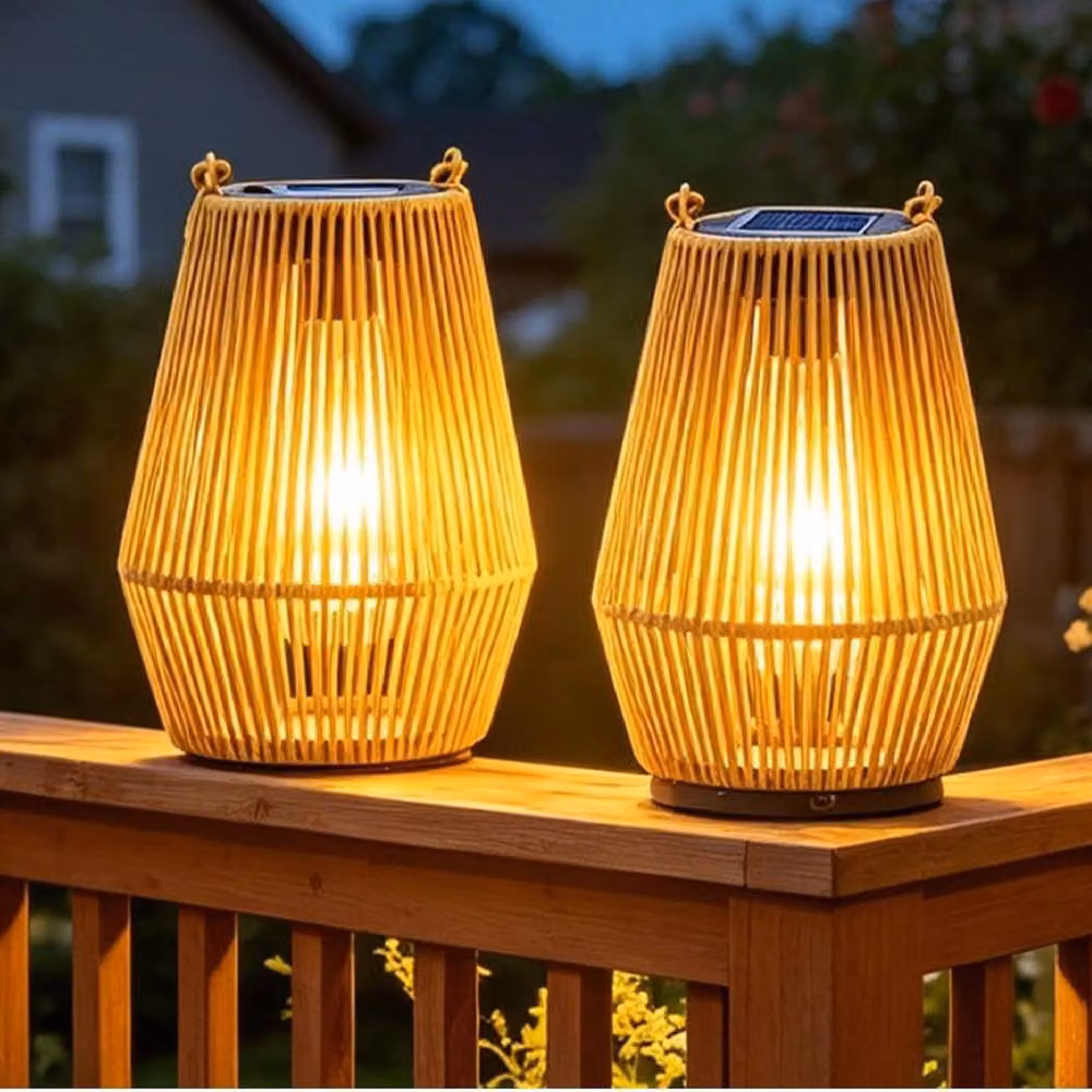 Nordara Set of 2 Solar Rattan Hanging LED Lanterns in Brown with Warm White Light and Dusk Sensor, IP44 Rated – 5