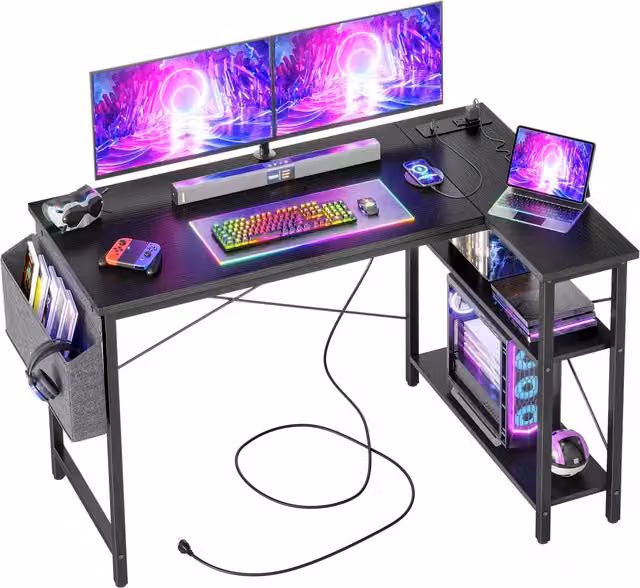 BEXEVUE L-Shaped Corner Computer Gaming Desk with Power Outlets in Black, W/D/H: 120 x 70 cm