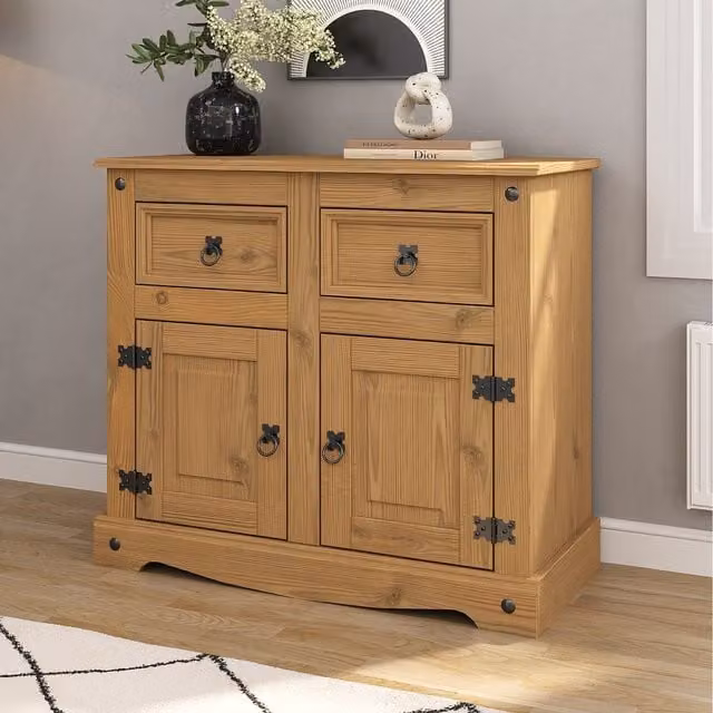 Mews Rustic Waxed Pine Sideboard in Brown and Black