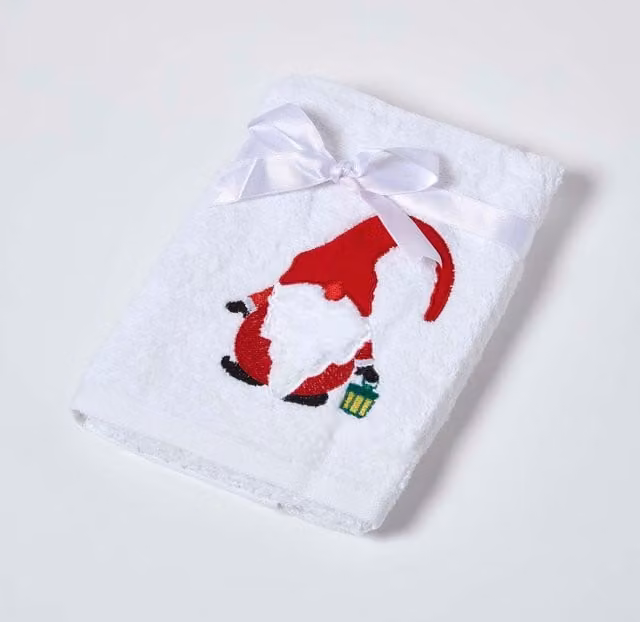 Homescapes Gonk Embroidered 100% Cotton Christmas Hand Towel in White and Red
