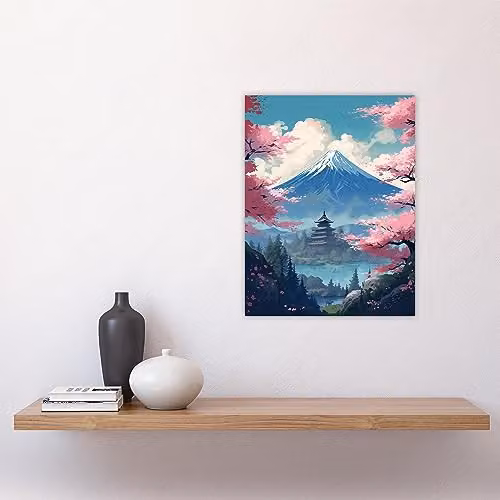 Artery8 Japanese Temple on Mount Fuji Lake Landscape Wall Art Print, Green, Blue and Pink Cherry Blossom Trees Paper Poster – 4