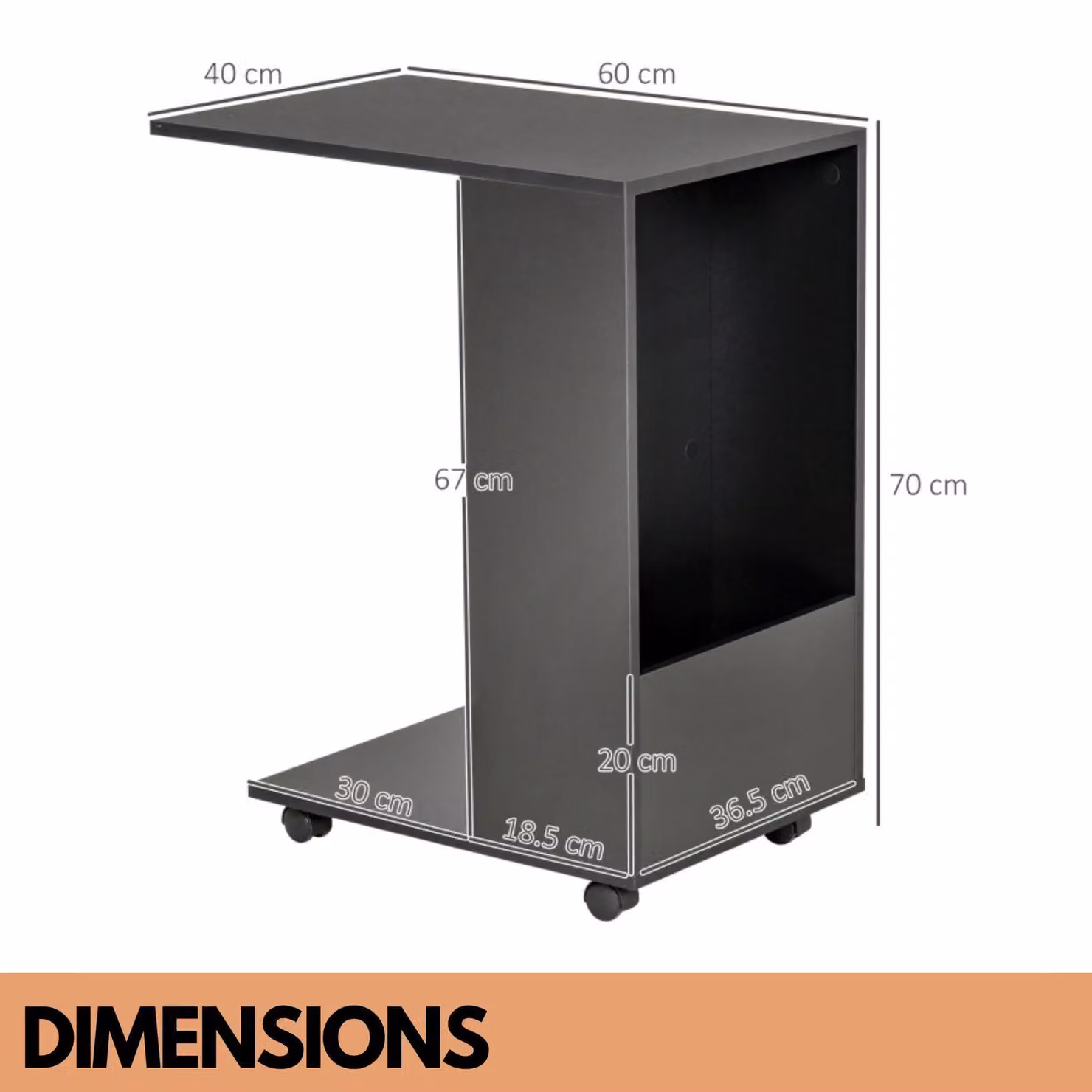 Pirlo Plush Industrial C Shaped Side Table with Storage and Castors, Black, W: 60 cm, D: 40 cm, H: 70 cm – 3